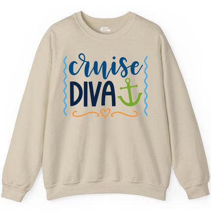 Cruise Diva Shirt - Nautical Vacation Apparel for Women Cruisers (Sweatshirt) in Sand - Cruise Diva Nautical Anchor Shirt - Playful Fun Girls Trip Top