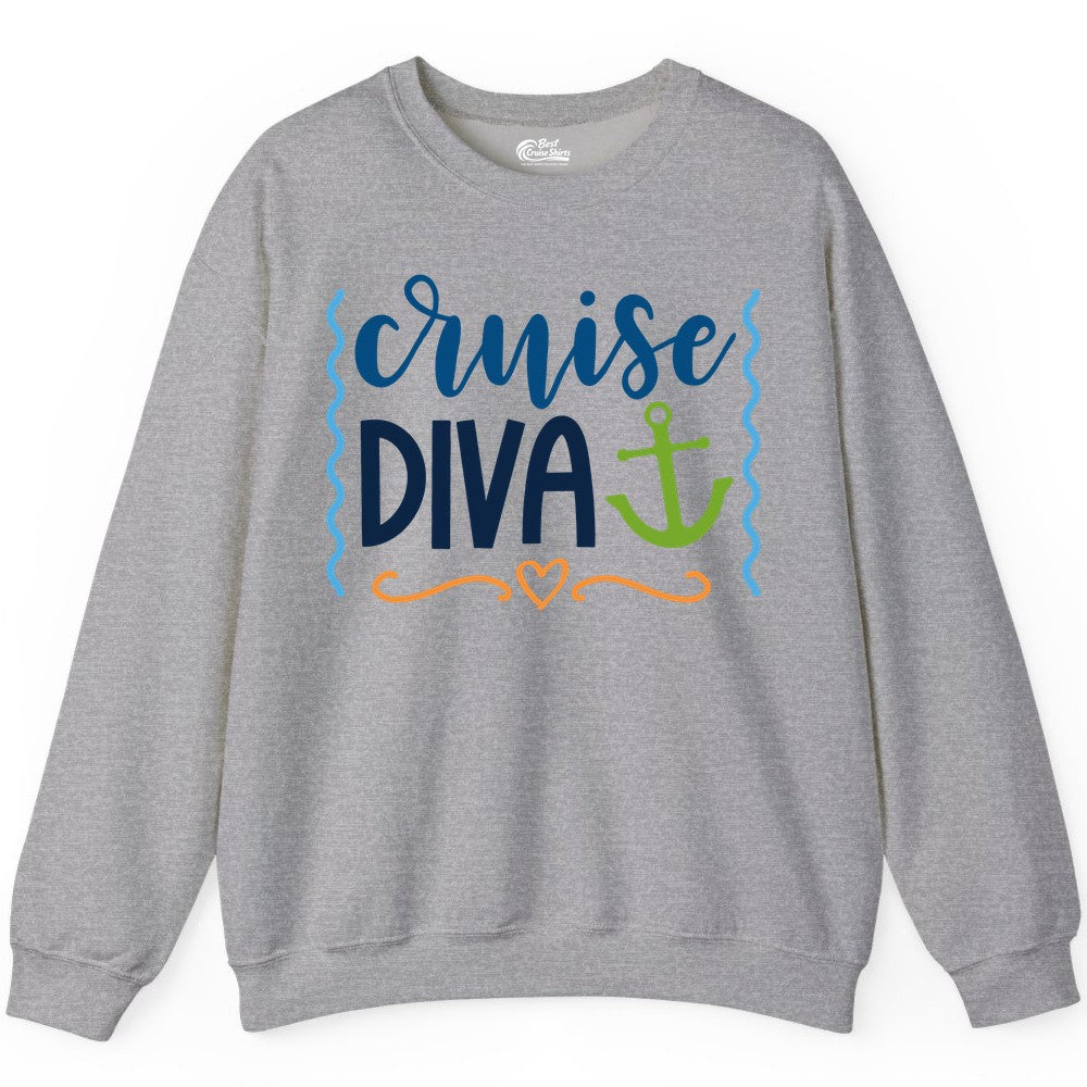 Cruise Diva Shirt - Nautical Vacation Apparel for Women Cruisers (Sweatshirt) in Sport Grey - Cruise Diva Nautical Anchor Shirt - Playful Fun Girls Trip Top