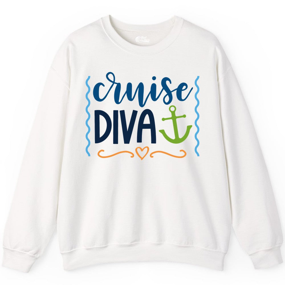 Cruise Diva Shirt - Nautical Vacation Apparel for Women Cruisers (Sweatshirt) in White - Cruise Diva Nautical Anchor Shirt - Playful Fun Girls Trip Top