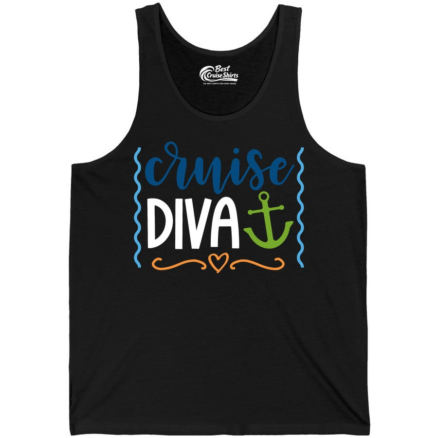 Cruise Diva Shirt - Nautical Vacation Apparel for Women Cruisers (Tank Top) in Black - Cruise Diva Nautical Anchor Shirt - Playful Fun Girls Trip Top