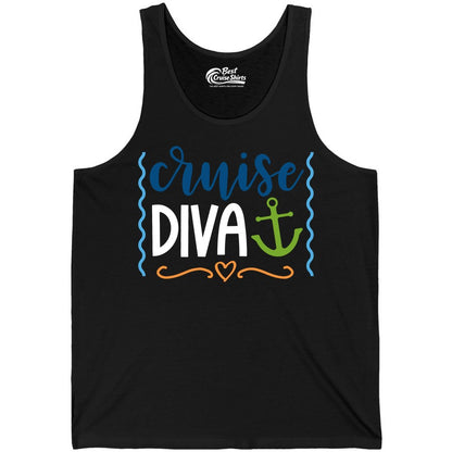Cruise Diva Shirt - Nautical Vacation Apparel for Women Cruisers (Tank Top) in Black - Cruise Diva Nautical Anchor Shirt - Playful Fun Girls Trip Top