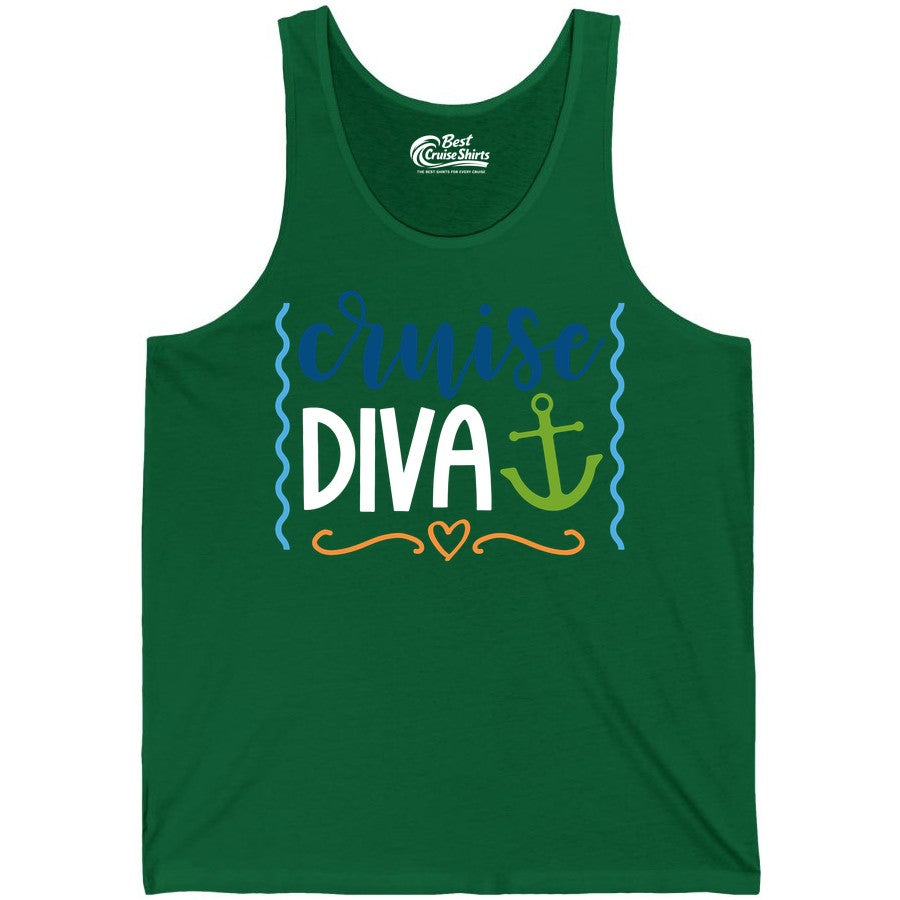 Cruise Diva Shirt - Nautical Vacation Apparel for Women Cruisers (Tank Top) in Kelly - Cruise Diva Nautical Anchor Shirt - Playful Fun Girls Trip Top
