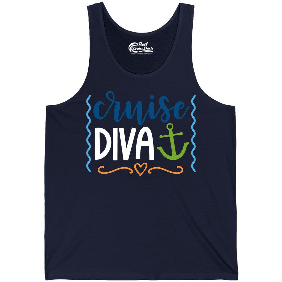 Cruise Diva Shirt - Nautical Vacation Apparel for Women Cruisers (Tank Top) in Navy - Cruise Diva Nautical Anchor Shirt - Playful Fun Girls Trip Top