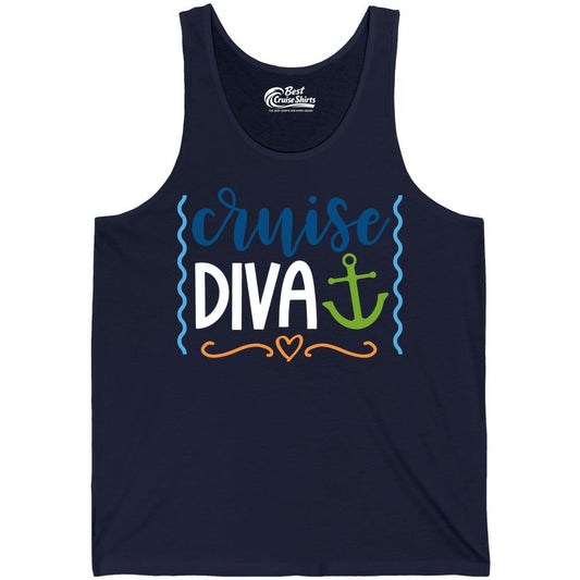 Cruise Diva Shirt - Nautical Vacation Apparel for Women Cruisers (Tank Top) in Navy - Cruise Diva Nautical Anchor Shirt - Playful Fun Girls Trip Top