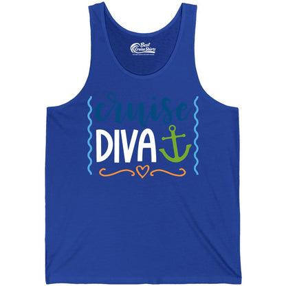 Cruise Diva Shirt - Nautical Vacation Apparel for Women Cruisers (Tank Top) in True Royal - Cruise Diva Nautical Anchor Shirt - Playful Fun Girls Trip Top