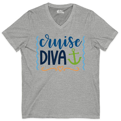 Cruise Diva Shirt - Nautical Vacation Apparel for Women Cruisers (V-Neck) in Athletic Heather - Cruise Diva Nautical Anchor Shirt - Playful Fun Girls Trip Top