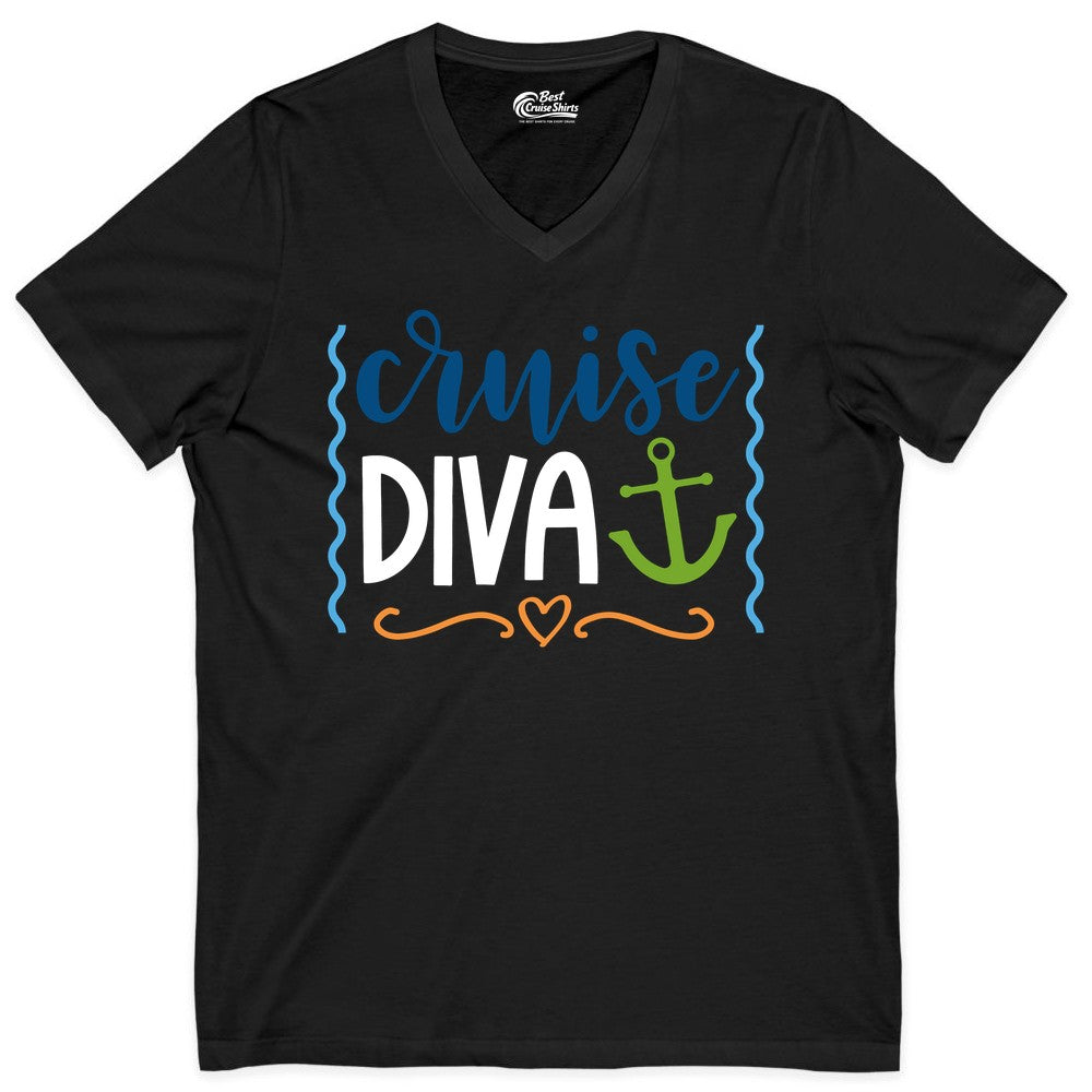 Cruise Diva Shirt - Nautical Vacation Apparel for Women Cruisers (V-Neck) in Black - Cruise Diva Nautical Anchor Shirt - Playful Fun Girls Trip Top