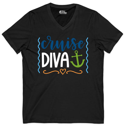 Cruise Diva Shirt - Nautical Vacation Apparel for Women Cruisers (V-Neck) in Black - Cruise Diva Nautical Anchor Shirt - Playful Fun Girls Trip Top