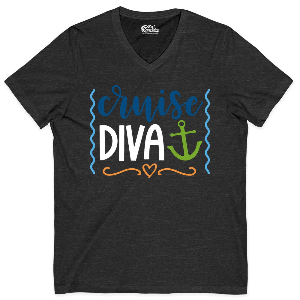Cruise Diva Shirt - Nautical Vacation Apparel for Women Cruisers (V-Neck) in Dark Grey Heather - Cruise Diva Nautical Anchor Shirt - Playful Fun Girls Trip Top