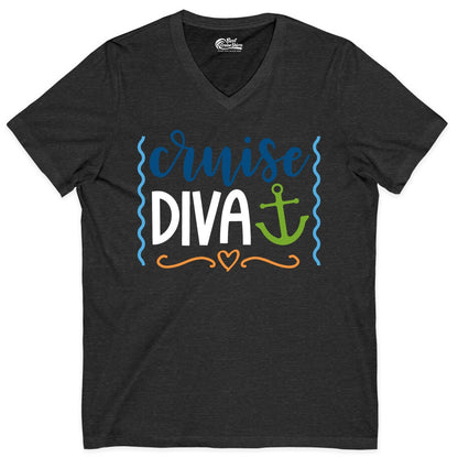 Cruise Diva Shirt - Nautical Vacation Apparel for Women Cruisers (V-Neck) in Dark Grey Heather - Cruise Diva Nautical Anchor Shirt - Playful Fun Girls Trip Top