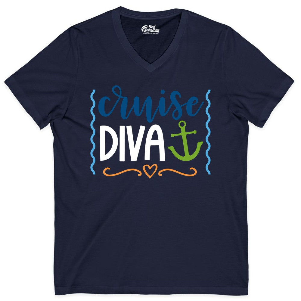 Cruise Diva Shirt - Nautical Vacation Apparel for Women Cruisers (V-Neck) in Navy - Cruise Diva Nautical Anchor Shirt - Playful Fun Girls Trip Top