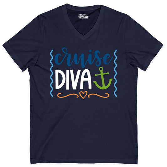 Cruise Diva Shirt - Nautical Vacation Apparel for Women Cruisers (V-Neck) in Navy - Cruise Diva Nautical Anchor Shirt - Playful Fun Girls Trip Top
