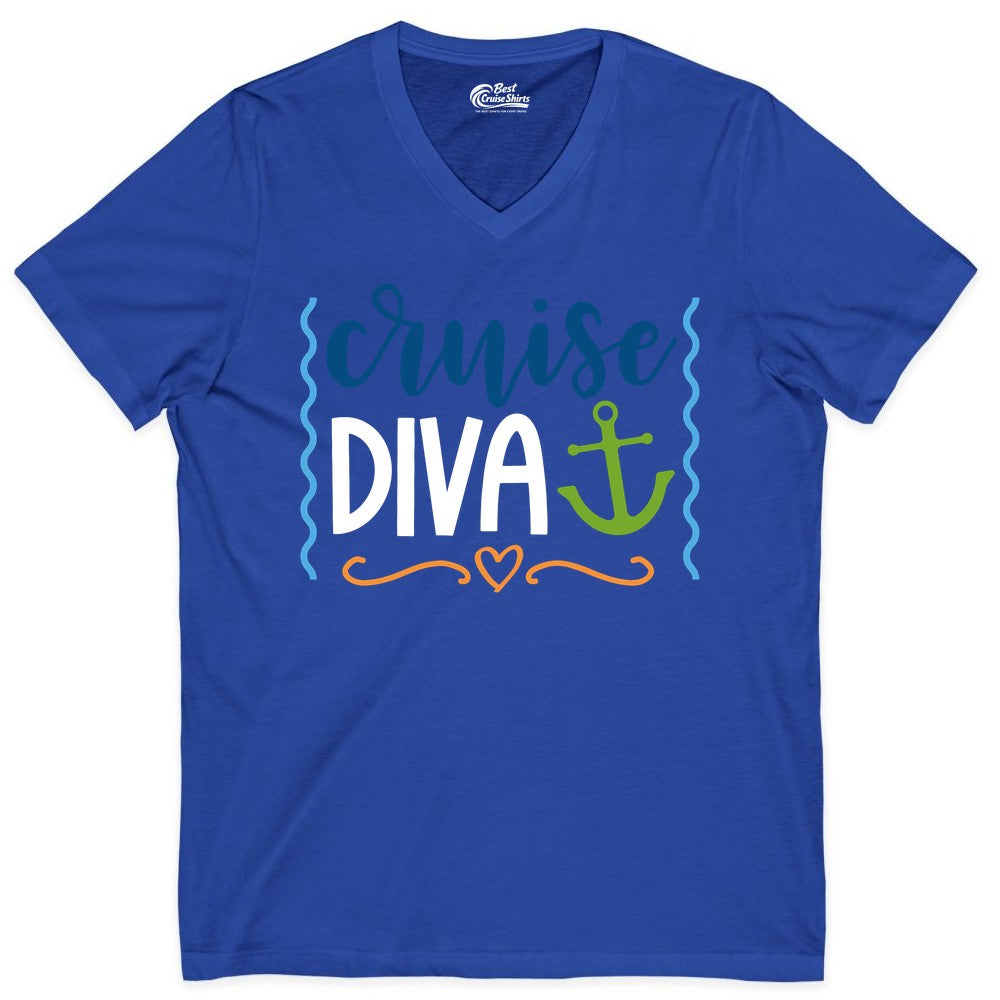 Cruise Diva Shirt - Nautical Vacation Apparel for Women Cruisers (V-Neck) in True Royal - Cruise Diva Nautical Anchor Shirt - Playful Fun Girls Trip Top