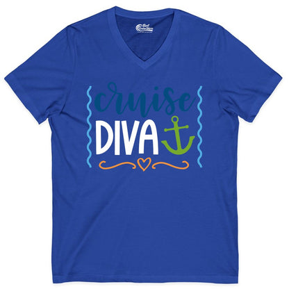 Cruise Diva Shirt - Nautical Vacation Apparel for Women Cruisers (V-Neck) in True Royal - Cruise Diva Nautical Anchor Shirt - Playful Fun Girls Trip Top