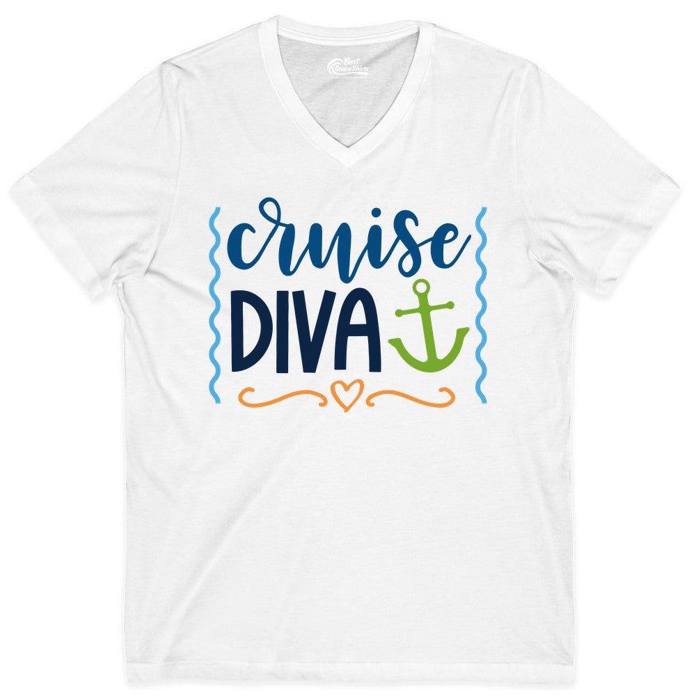 Cruise Diva Shirt - Nautical Vacation Apparel for Women Cruisers (V-Neck) in White - Cruise Diva Nautical Anchor Shirt - Playful Fun Girls Trip Top