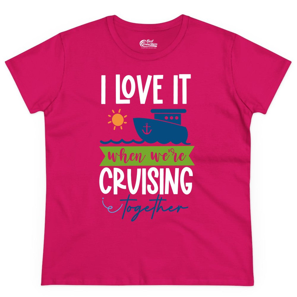 Cruising Together Shirt - Fun Couples Cruise Vacation Apparel Ideas (Ladies Tee) in Heliconia - Cruising Together Shirt - Fun Couples Cruise Sun and Ship Matching Tee