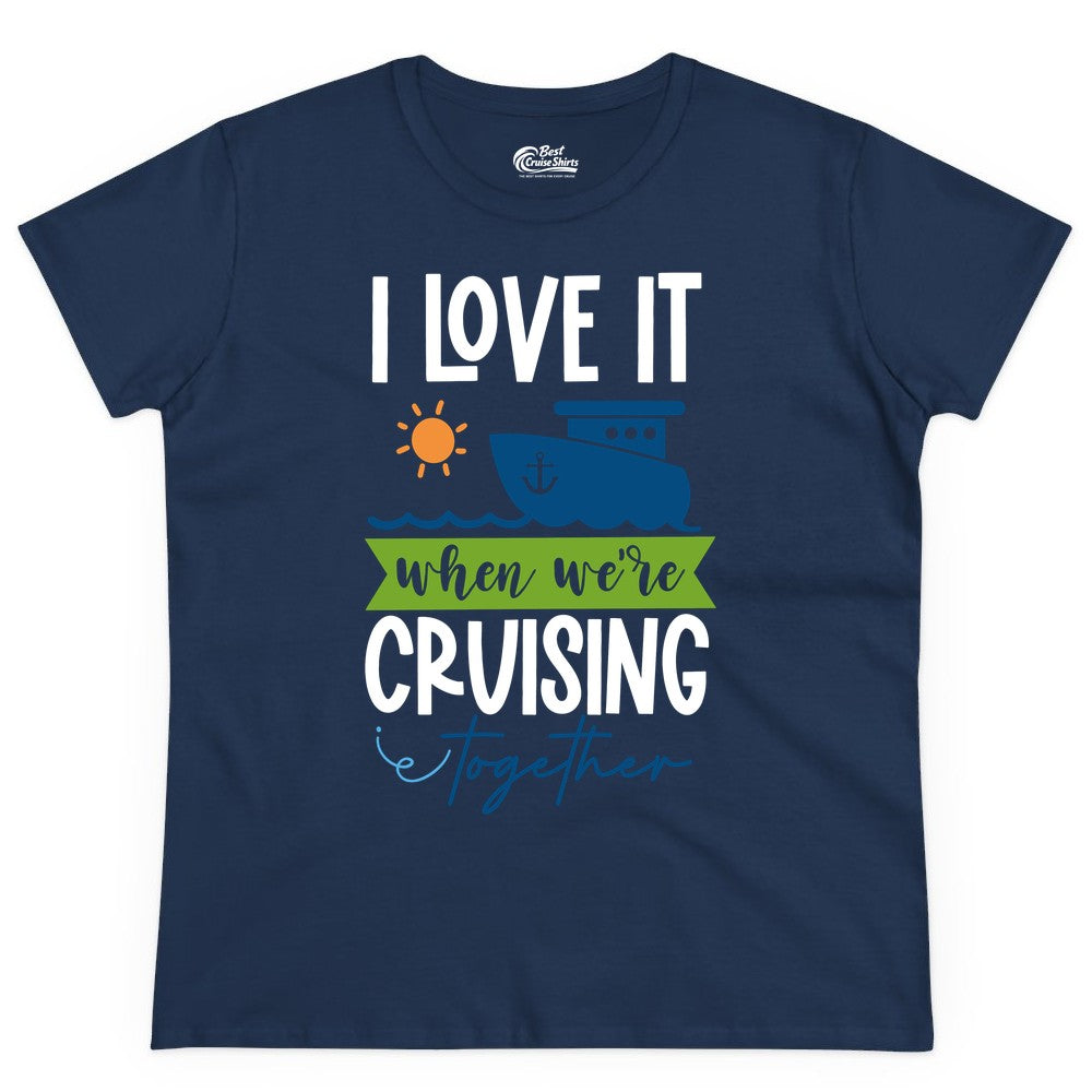 Cruising Together Shirt - Fun Couples Cruise Vacation Apparel Ideas (Ladies Tee) in Navy - Cruising Together Shirt - Fun Couples Cruise Sun and Ship Matching Tee