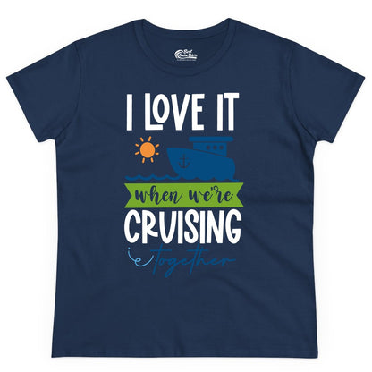Cruising Together Shirt - Fun Couples Cruise Vacation Apparel Ideas (Ladies Tee) in Navy - Cruising Together Shirt - Fun Couples Cruise Sun and Ship Matching Tee
