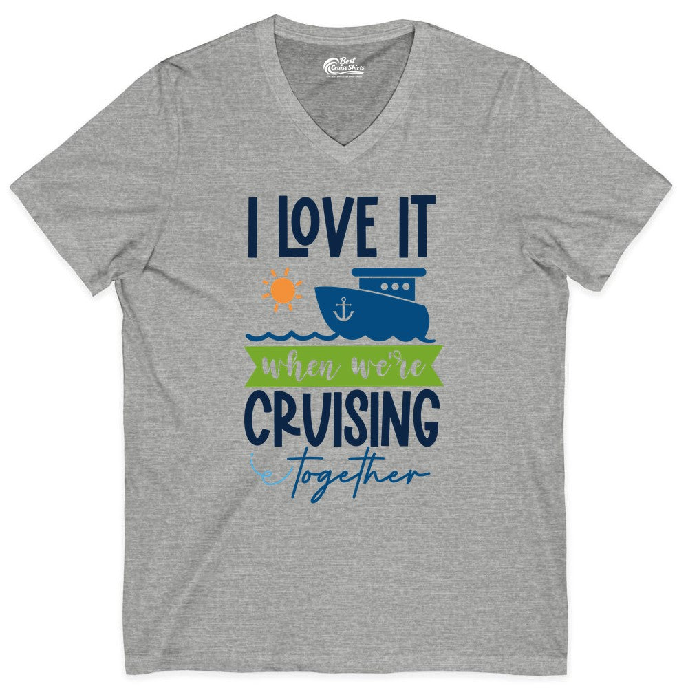Cruising Together Shirt - Fun Couples Cruise Vacation Apparel Ideas (V-Neck) in Athletic Heather - Cruising Together Shirt - Fun Couples Cruise Sun and Ship Matching Tee
