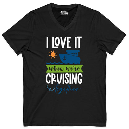 Cruising Together Shirt - Fun Couples Cruise Vacation Apparel Ideas (V-Neck) in Black - Cruising Together Shirt - Fun Couples Cruise Sun and Ship Matching Tee