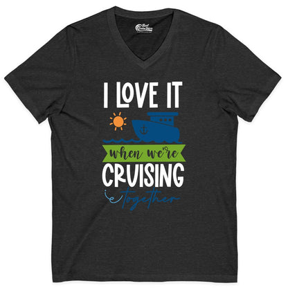 Cruising Together Shirt - Fun Couples Cruise Vacation Apparel Ideas (V-Neck) in Dark Grey Heather - Cruising Together Shirt - Fun Couples Cruise Sun and Ship Matching Tee