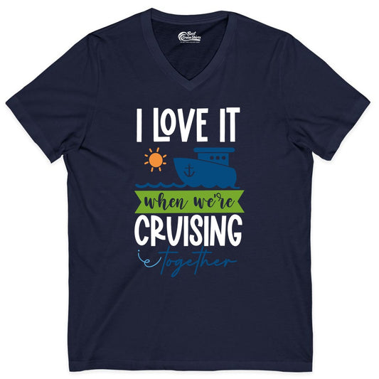 Cruising Together Shirt - Fun Couples Cruise Vacation Apparel Ideas (V-Neck) in Navy - Cruising Together Shirt - Fun Couples Cruise Sun and Ship Matching Tee
