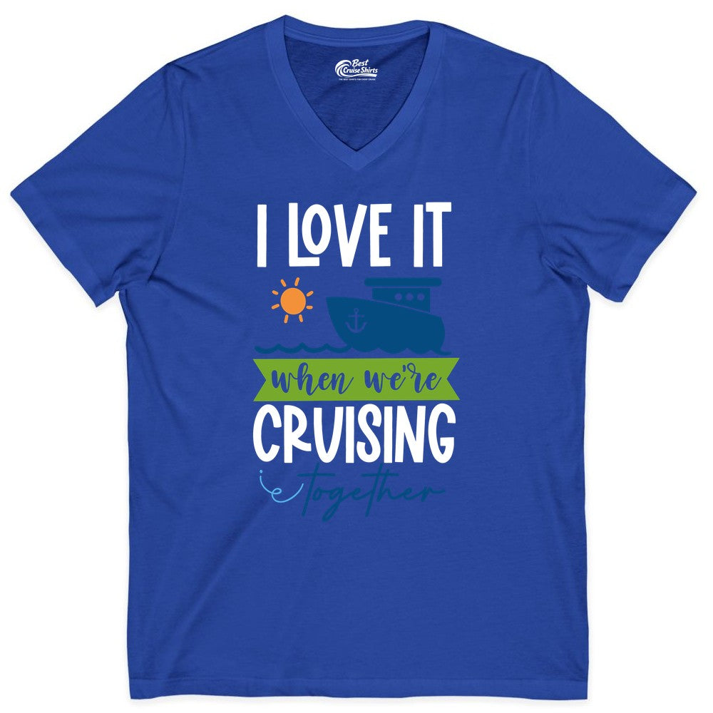 Cruising Together Shirt - Fun Couples Cruise Vacation Apparel Ideas (V-Neck) in True Royal - Cruising Together Shirt - Fun Couples Cruise Sun and Ship Matching Tee