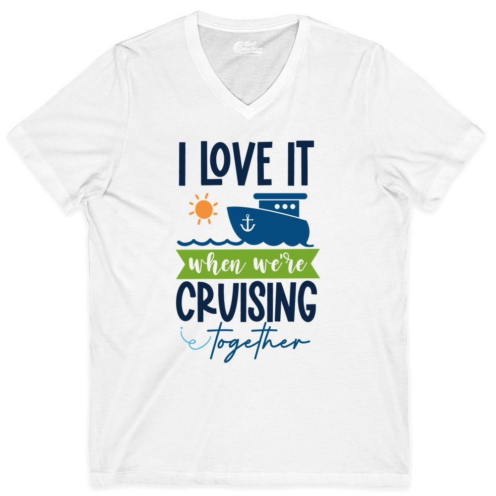 Cruising Together Shirt - Fun Couples Cruise Vacation Apparel Ideas (V-Neck) in White - Cruising Together Shirt - Fun Couples Cruise Sun and Ship Matching Tee