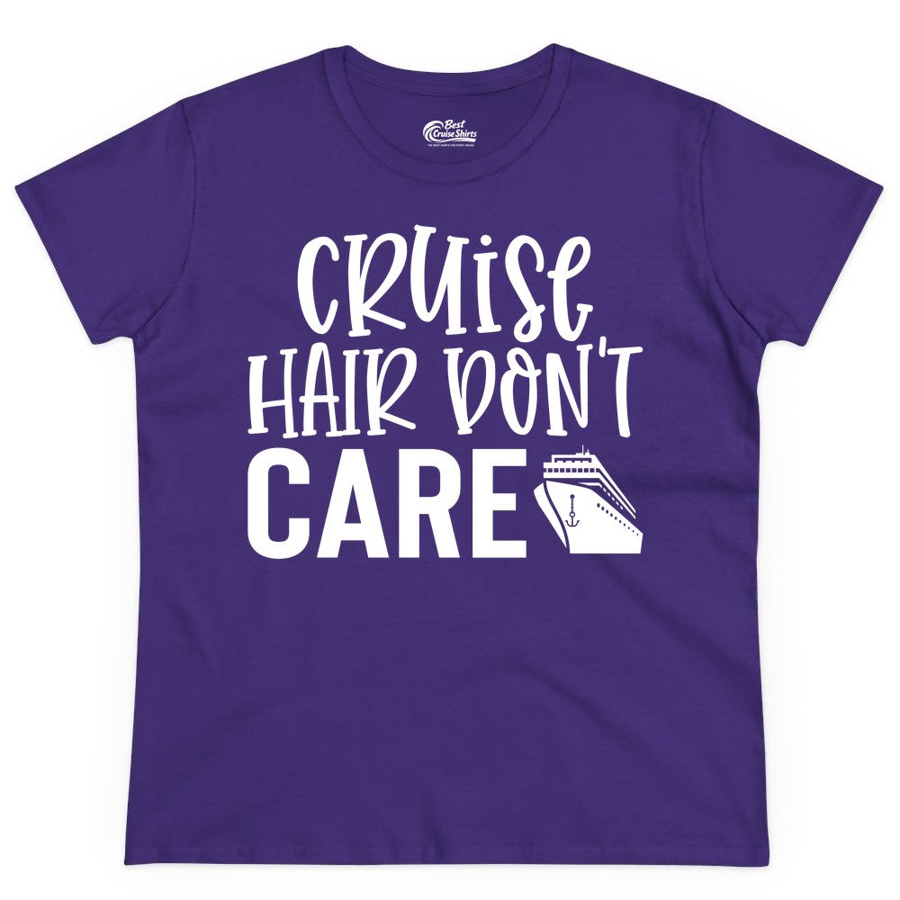 Cruise Hair Dont Care Shirt - Funny Cruise Apparel Vacation Tee (Ladies Tee) in Purple - Cruise Hair Dont Care Shirt - Playful Vacation Slogan with Ship Graphic