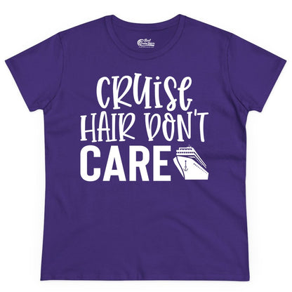 Cruise Hair Dont Care Shirt - Funny Cruise Apparel Vacation Tee (Ladies Tee) in Purple - Cruise Hair Dont Care Shirt - Playful Vacation Slogan with Ship Graphic