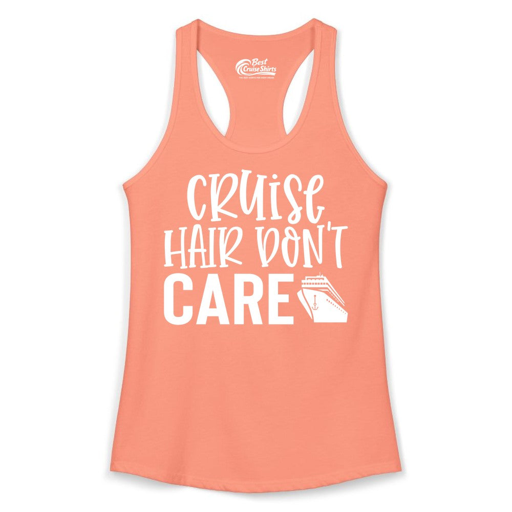 Cruise Hair Dont Care Shirt - Funny Cruise Apparel Vacation Tee (Ladies Tank) in Solid Light Orange - Cruise Hair Dont Care Shirt - Playful Vacation Slogan with Ship Graphic