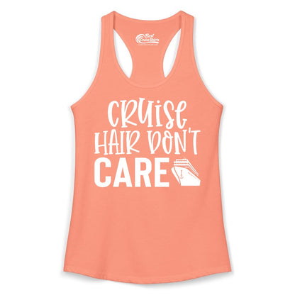 Cruise Hair Dont Care Shirt - Funny Cruise Apparel Vacation Tee (Ladies Tank) in Solid Light Orange - Cruise Hair Dont Care Shirt - Playful Vacation Slogan with Ship Graphic
