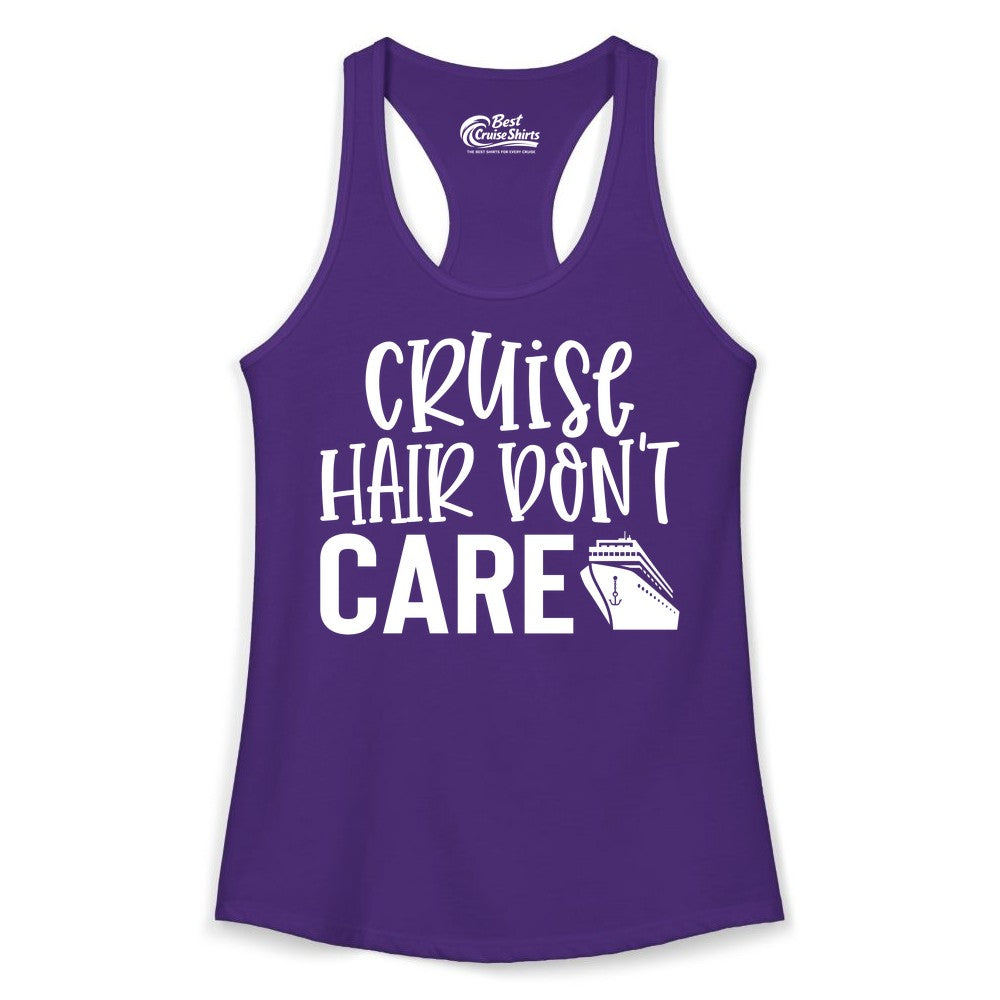 Cruise Hair Dont Care Shirt - Funny Cruise Apparel Vacation Tee (Ladies Tank) in Solid Purple Rush - Cruise Hair Dont Care Shirt - Playful Vacation Slogan with Ship Graphic