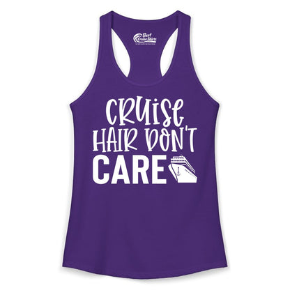 Cruise Hair Dont Care Shirt - Funny Cruise Apparel Vacation Tee (Ladies Tank) in Solid Purple Rush - Cruise Hair Dont Care Shirt - Playful Vacation Slogan with Ship Graphic