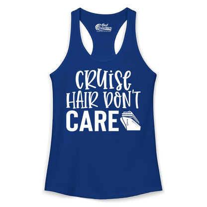 Cruise Hair Dont Care Shirt - Funny Cruise Apparel Vacation Tee (Ladies Tank) in Solid Royal - Cruise Hair Dont Care Shirt - Playful Vacation Slogan with Ship Graphic
