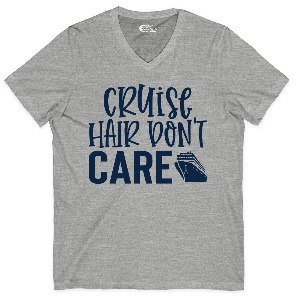 Cruise Hair Dont Care Shirt - Funny Cruise Apparel Vacation Tee (V-Neck) in Athletic Heather - Cruise Hair Dont Care Shirt - Playful Vacation Slogan with Ship Graphic