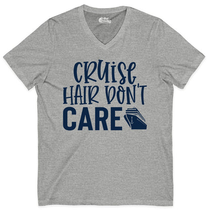 Cruise Hair Dont Care Shirt - Funny Cruise Apparel Vacation Tee (V-Neck) in Athletic Heather - Cruise Hair Dont Care Shirt - Playful Vacation Slogan with Ship Graphic