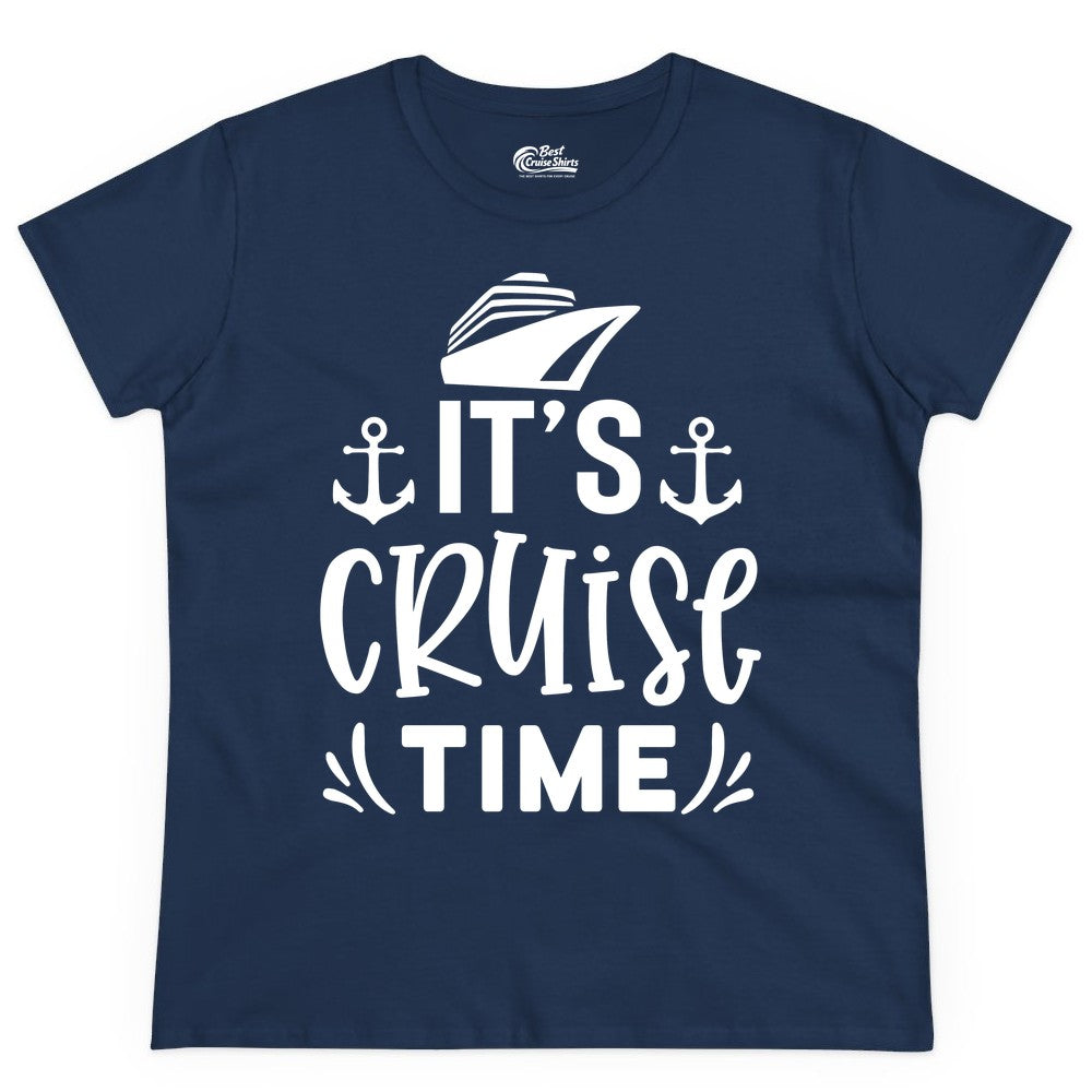 Its Cruise Time Shirt - Cruise Apparel Nautical Shirt Gift (Ladies Tee) in Navy - It’s Cruise Time Nautical Shirt With Anchors and Cruise Ship Graphic