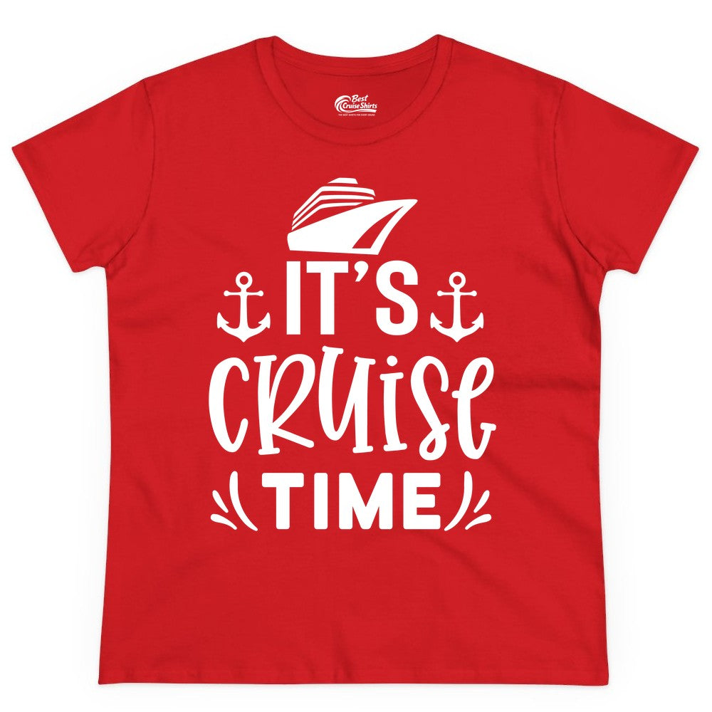Its Cruise Time Shirt - Cruise Apparel Nautical Shirt Gift (Ladies Tee) in Red - It’s Cruise Time Nautical Shirt With Anchors and Cruise Ship Graphic
