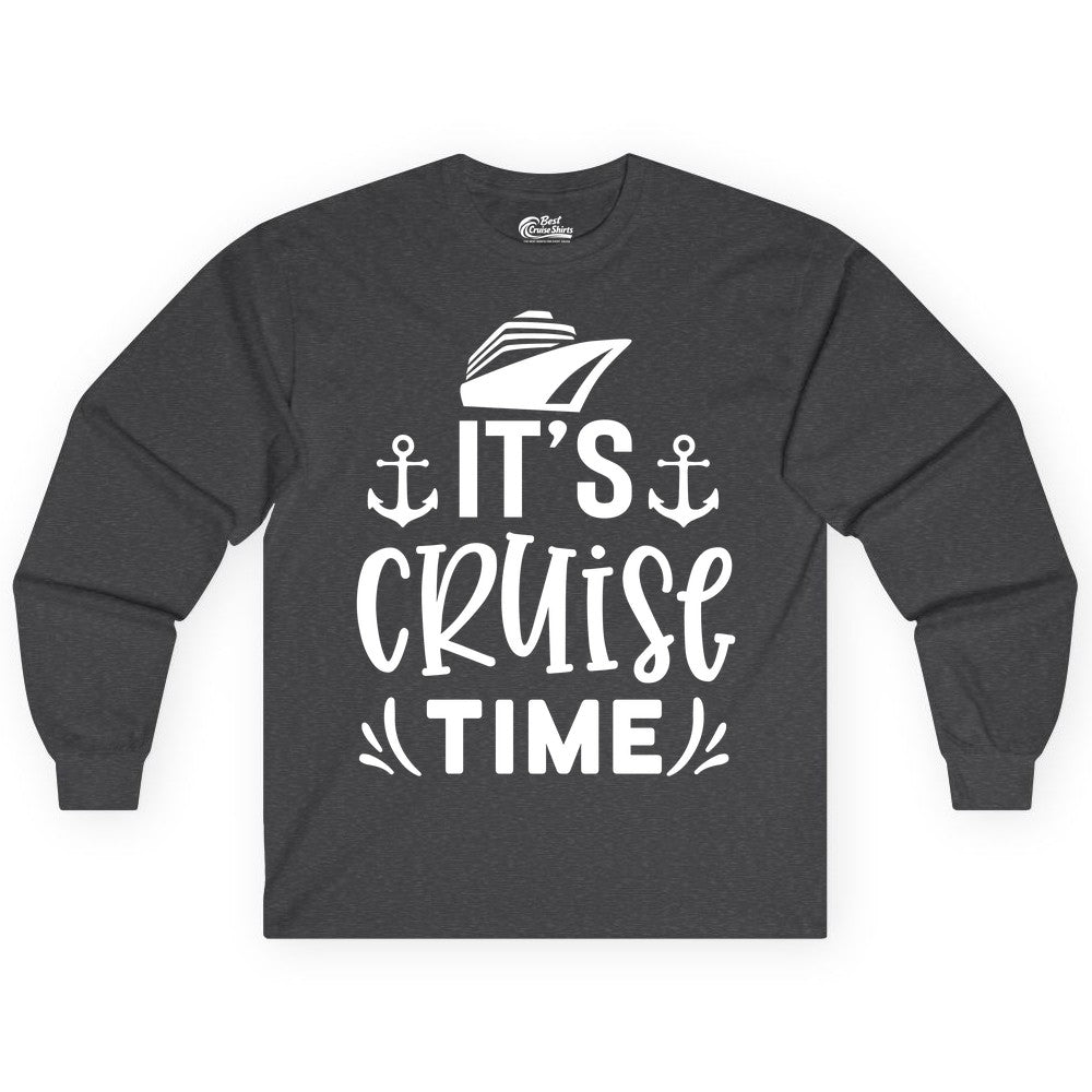 Its Cruise Time Shirt - Cruise Apparel Nautical Shirt Gift (Long Sleeve) in Dark Heather - It’s Cruise Time Nautical Shirt With Anchors and Cruise Ship Graphic