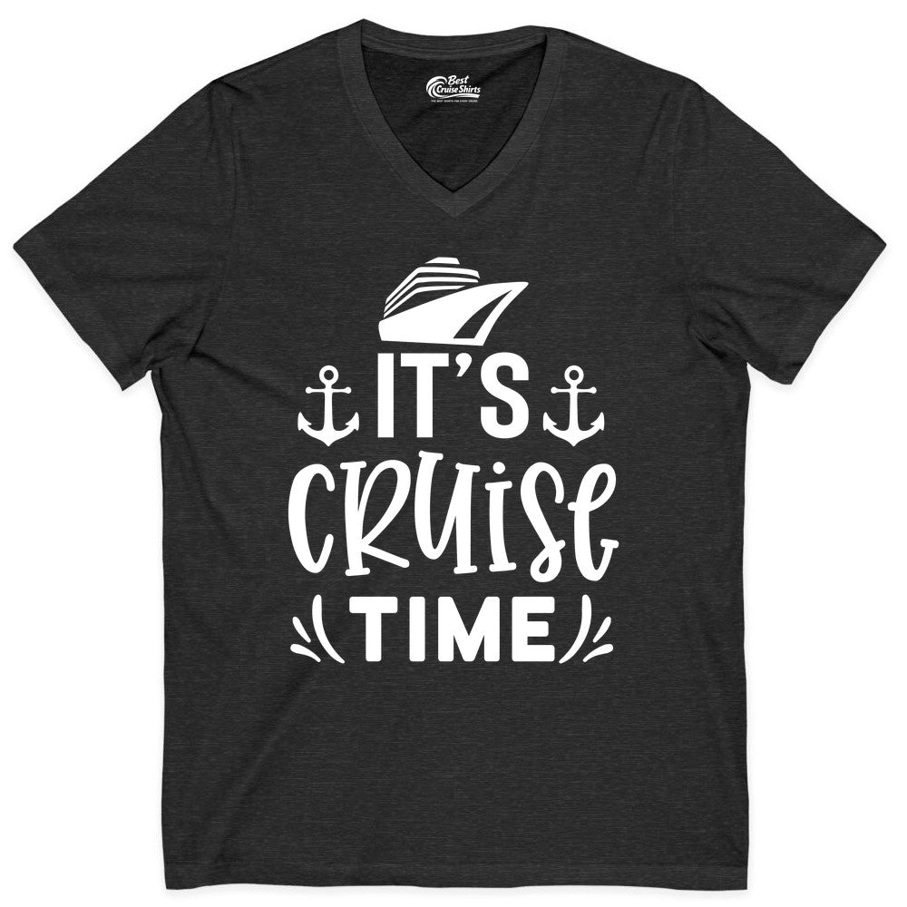 Its Cruise Time Shirt - Cruise Apparel Nautical Shirt Gift (V-Neck) in Dark Grey Heather - It’s Cruise Time Nautical Shirt With Anchors and Cruise Ship Graphic