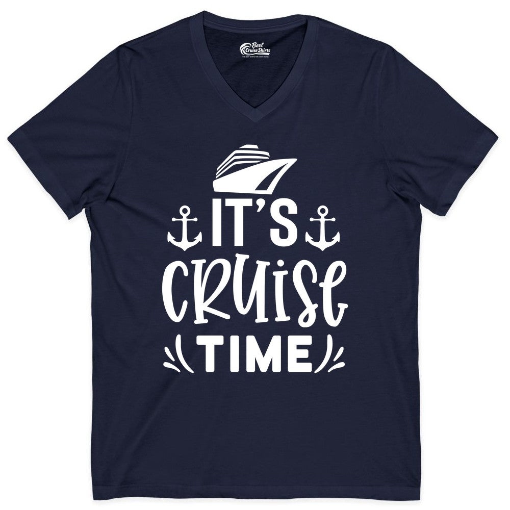 Its Cruise Time Shirt - Cruise Apparel Nautical Shirt Gift (V-Neck) in Navy - It’s Cruise Time Nautical Shirt With Anchors and Cruise Ship Graphic