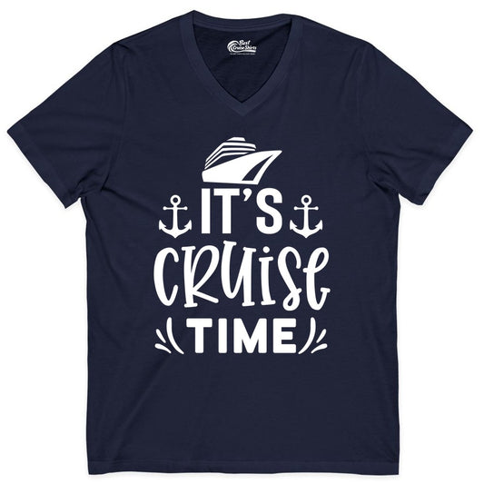 Its Cruise Time Shirt - Cruise Apparel Nautical Shirt Gift (V-Neck) in Navy - It’s Cruise Time Nautical Shirt With Anchors and Cruise Ship Graphic