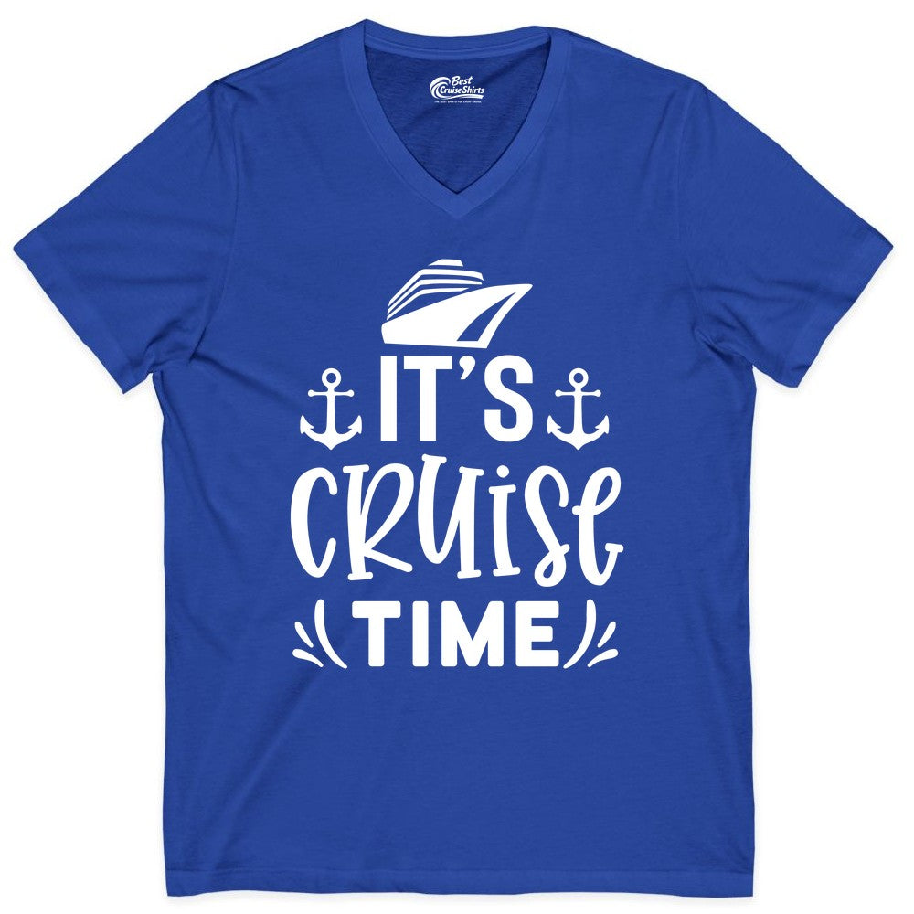 Its Cruise Time Shirt - Cruise Apparel Nautical Shirt Gift (V-Neck) in True Royal - It’s Cruise Time Nautical Shirt With Anchors and Cruise Ship Graphic