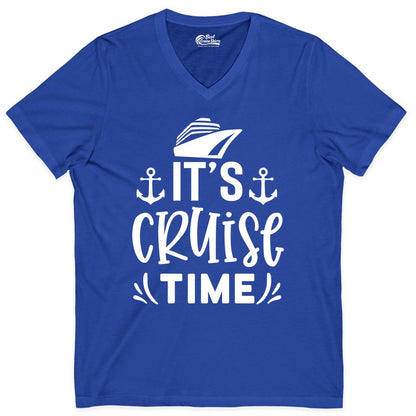 Its Cruise Time Shirt - Cruise Apparel Nautical Shirt Gift (V-Neck) in True Royal - It’s Cruise Time Nautical Shirt With Anchors and Cruise Ship Graphic