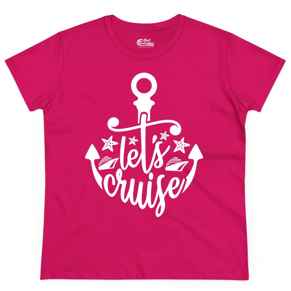 Let's Cruise Shirt - Nautical Anchor Cruise Vacation Tee for Groups (Ladies Tee) in Heliconia - Let's Cruise Shirt - Nautical Anchor and Cruise Ship Stars Design Tee
