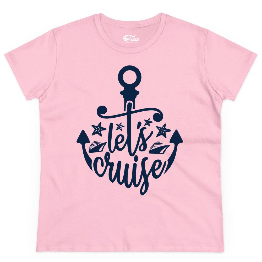 Let's Cruise Shirt - Nautical Anchor Cruise Vacation Tee for Groups (Ladies Tee) in Light Pink - Let's Cruise Shirt - Nautical Anchor and Cruise Ship Stars Design Tee