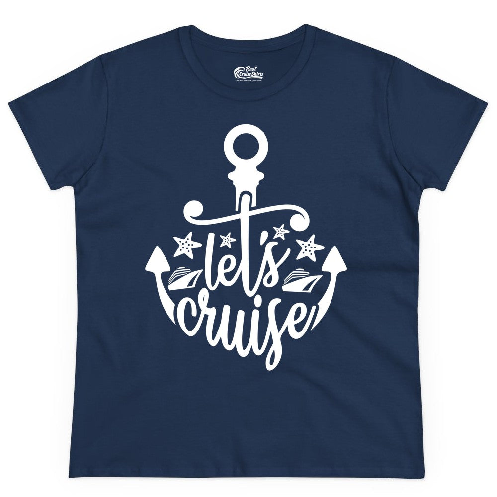Let's Cruise Shirt - Nautical Anchor Cruise Vacation Tee for Groups (Ladies Tee) in Navy - Let's Cruise Shirt - Nautical Anchor and Cruise Ship Stars Design Tee