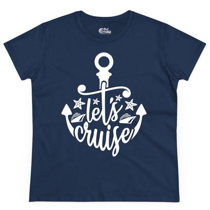 Let's Cruise Shirt - Nautical Anchor Cruise Vacation Tee for Groups (Ladies Tee) in Navy - Let's Cruise Shirt - Nautical Anchor and Cruise Ship Stars Design Tee