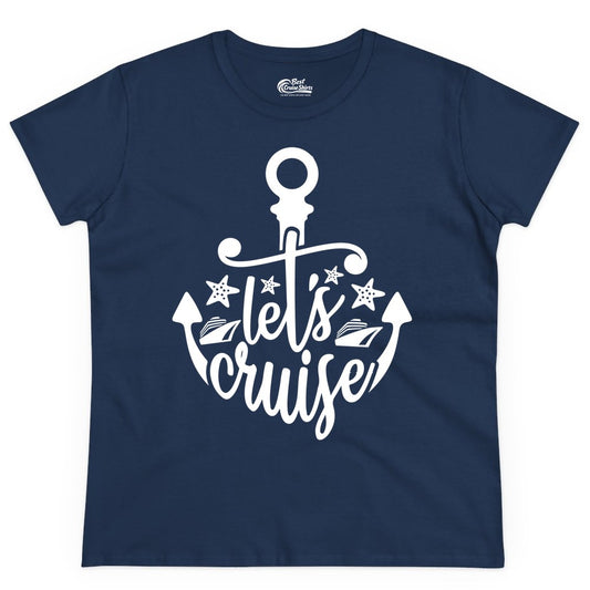 Let's Cruise Shirt - Nautical Anchor Cruise Vacation Tee for Groups (Ladies Tee) in Navy - Let's Cruise Shirt - Nautical Anchor and Cruise Ship Stars Design Tee